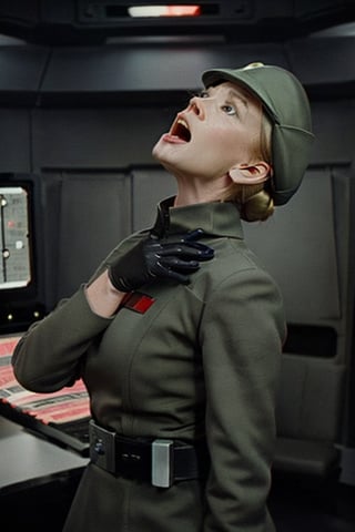 Glynis Johns holding her neck with one black gloved hand and screaming, in olive green imperialofficer uniform and brimmed hat, black gloves belts and boots, blonde hair tied in bun, pale smooth skin, sci-fi control room background

Photorealistic, 4K, filmgrain, more saturation