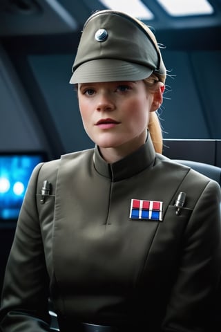 Photorealistic, high contrast, (vibrant color:1.4), (muted colors, dim colors, soothing tones:0), cinematic lighting, ambient lighting, sidelighting, Exquisite details and textures, cinematic shot, bright studio lighting, bokeh

Rose Leslie, big long chin, snooty snobbish haughty, freckles, in dark olive gray imperialofficer uniform and cap with small disc, hat, cap on head, small black gloves, blonde hair in ponytail, perky breasts, sci-fi Star destroyer control room background,photorealistic,perfect split lighting,imperialofficer uniform,white imperialofficer uniform,Imperial officer wearing a (color) unifo