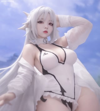 sexy girl,iu,wearing demon_cosplay_outfit, white hair,Demons Cosplay Outfit,maid cosplay