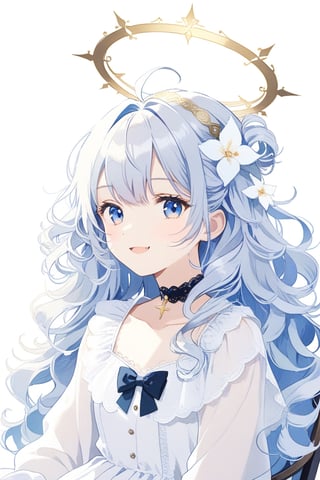 1girl, angel, ((white hair)), long curly hair, (two side up), blue eyes,  (curly hair:1.2), (wavy hair), (hair curls)
, (bangs), (two side up), two blue hair ties on head, (Double golden halo on her head), bowtie choker, angel wings, ahoge, fang,solo, looking at viewer, smile, simple background, White dress with blue trim, white background, hair between eyes, closed mouth, collarbone, upper body, female focus, sit on chair in garden 