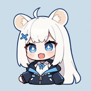 (chibi style), {{{masterpiece}}}, {{{best quality}}}, {{ultra-detailed}}, {beautiful detailed eyes}1girl, solo,  ((white hair)), very long hair, blue eyes, (straight hair), (bangs), animal ears, (stoat ears:1.2),
 Choker, ahoge, fangs, (big stoat Tail:1.2), (blue X hairpin), (White sleeveless collared dress, (midriff), (blue chest bow)), 
(black hooded oversized jacket:1.2), (jacket zipper half unzipped), (Off the shoulders), (rapping), (black sunglasses), upper body,chibi emote style,chibi,emote, cute,Emote Chibi,anime,cute comic,txznf,flat style,