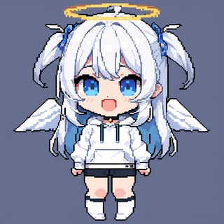 (chibi:1.3), masterpiece, made by a master, 4k, perfect anatomy, perfect details, best quality, high quality, lots of detail.
(solo),1girl, ((angel)), ((white hair)), (long hair:1.1), (two side up:1.2), blue eyes, (wavy hair), (hair curls), (bangs), two ((blue)) hair ties on head, (Double golden halo on her head), choker, ((angel wings)), ahoge, laughing, (white long sleeve hooded top), black pants, white socks, single, open mouth, (full body) ,Emote Chibi. cute comic, flat color, Cute girl,Chibi Style,lineart,pixel art,16 bit,Cutetoo,Pixel art,PixelartFSS,Pixel world,light,32 bit