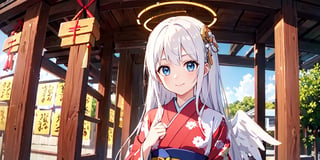  (Best Picture Quality, High Quality, Best Picture Score: 1.3), , Perfect Beauty Score: 1.5, long hair, 1 angel girl, (solo), ((white hair)), (long curly hair), blue eyes, ((two blue ribbons on her hair)), (Double golden halo on her head), (angel wings), (cute outfit), cute smile, (Wearing cute kimono), The background is a Japanese New Year shrine, beautiful, cute, masterpiece, best quality,