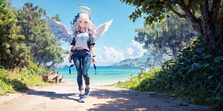  (Best Picture Quality, High Quality, Best Picture Score: 1.3), , Perfect Beauty Score: 1.5, long hair, 1 angel girl, (solo), ((white hair)), (long curly hair), blue eyes, ((two blue ribbons on her hair)), (Double golden halo on her head), (angel wings), (cute outfit), wearin explorer clothing, gadventure clothing, adventure wear, adventure pants, Going on an adventure, many wild animals, on an isolated island, (full_body), beautiful, cute, masterpiece, best quality,perfect light,