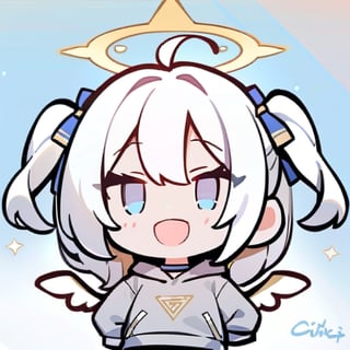  chibi, masterpiece, best quality,1girl, angel, (white hair), long curly hair, (two side up),blue eyes, (two blue ribbons on her hair), ((Double golden halo on her head)), choker, ((angel wings)), ahoge,cute smile, best smile, open mouth,Wearing grey Hooded T-shirt, long sleeves,pleated skirt,masterpiece,simple background