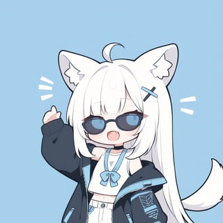 (chibi style), {{{masterpiece}}}, {{{best quality}}}, {{ultra-detailed}}, {beautiful detailed eyes}1girl, solo,  ((white hair)), very long hair, blue eyes, (straight hair), (bangs), animal ears, (stoat ears:1.2),
 Choker, ahoge, fangs, (big stoat Tail:1.2), (blue X hairpin), (White sleeveless collared dress, (midriff), blue chest bow), 
(black hooded oversized jacket:1.2), (jacket zipper half unzipped), (Off the shoulders), (rapping), (black sunglasses), upper body,chibi emote style,chibi,emote, cute,Emote Chibi,anime,cute comic,txznf,flat style