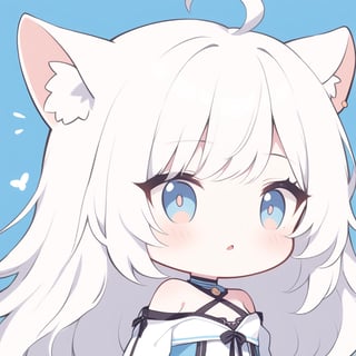 (chibi style), {{{masterpiece}}}, {{{best quality}}}, {{ultra-detailed}}, {beautiful detailed eyes},1girl, solo,  ((white hair)), very long hair, blue eyes, (straight hair), (bangs), animal ears, (stoat ears:1.2), Choker, ahoge, fangs, (big stoat Tail:1.2), (X hairpin), (White sleeveless collared dress, blue chest bow), (black hooded oversized jacket:1.2), (Off the shoulders), O_O, ((punching viewer)), upper body,chibi emote style,chibi,emote,cute comic