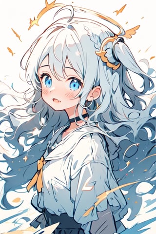 1girl, (angel), white hair, long curly hair, (two side up), blue eyes,  (curly hair:1.2), (wavy hair), (hair curls)
, (bangs), (two side up), two blue hair ties on head, (Double golden halo on her head), choker, (angel wings), ahoge, fang,solo,,white background,falling down,floating,in air,floating hair,Bubbles, refracted sunlight, light spots, sadness, lowered head,/shelly/