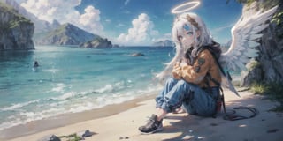  (Best Picture Quality, High Quality, Best Picture Score: 1.3), , Perfect Beauty Score: 1.5, long hair, 1 angel girl, (solo), ((white hair)), (long curly hair), blue eyes, ((two blue ribbons on her hair)), (Double golden halo on her head), (angel wings), (cute outfit), wearin explorer clothing, gadventure clothing, adventure wear, adventure pants, Going on an adventure, many wild animals, on an isolated island, (full_body), beautiful, cute, masterpiece, best quality,perfect light,