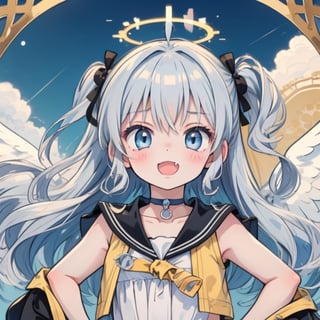 cute, kawaii, chibi, 1girl, angel, ((white hair)), long curly hair, (two side up), blue eyes,  (curly hair:1.2), (wavy hair), (hair curls), (bangs), (two side up), two blue hair ties on head, (Double golden halo on her head), choker, angel wings, ahoge, fang, White dress with blue lace trim, anime style, cute pose,pastel
