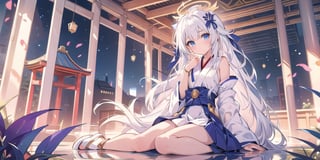 vibrant colors, female, masterpiece, sharp focus, best quality, depth of field, cinematic lighting, ((solo, one woman )), (illustration, 8k CG, extremely detailed), masterpiece, ultra-detailed,
1angel, (white hair), long curly hair, blue eyes, (two blue ribbons on her hair), (Double golden halo on her head), angel wings, Sitting on a seat, look to the sky,perfect light,midjourney,miko dressing