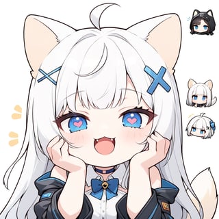 (chibi style), {{{masterpiece}}}, {{{best quality}}}, {{ultra-detailed}}, {beautiful detailed eyes},1girl, solo,  ((white hair)), very long hair, blue eyes, (straight hair), (bangs), animal ears, (stoat ears:1.2), Choker, ahoge, fangs, (big stoat Tail:1.2), (blue X hairpin), (White sleeveless collared dress, (Two-piece dress), (blue chest bow)), (black hooded oversized jacket:1.2), (Off the shoulders), 
(((>.<))), (hands on face), upper body,chibi emote style,chibi,emote, cute,Emote Chibi,comic book,cutechibiprofile