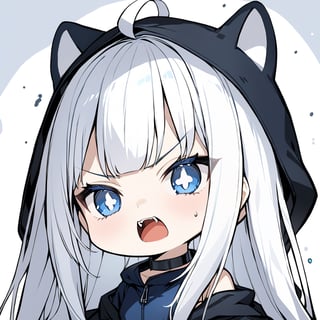 {{{masterpiece}}}, {{{best quality}}}, {{ultra-detailed}}, {beautiful detailed eyes},1girl, ((white hair)), very long hair, blue eyes, (straight hair), (bangs), animal ears, (stoat ears:1.2), Choker, ahoge, fangs, (big stoat Tail:1.2), 
(White sleeveless collared dress, blue chest bow), (black hooded oversized jacket:1.2), (Off the shoulders), Soot hair, twin drills hair, Soot eyes, closed eyes, angry, upper body, Soot suit,chibi emote style,chibi,emote
