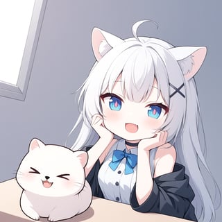 (chibi style), {{{masterpiece}}}, {{{best quality}}}, {{ultra-detailed}}, {beautiful detailed eyes},1girl, solo,  ((white hair)), very long hair, blue eyes, (straight hair), (bangs), animal ears, (stoat ears:1.2), Choker, ahoge, fangs, (big stoat Tail:1.2), (blue X hairpin), (White sleeveless collared dress, (Two-piece dress), (blue chest bow)), (black hooded oversized jacket:1.2), (Off the shoulders), 
(((>.<))), (hands on face), upper body,chibi emote style,chibi,emote, cute,Emote Chibi,comic book,cutechibiprofile