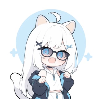 (chibi style), {{{masterpiece}}}, {{{best quality}}}, {{ultra-detailed}}, {beautiful detailed eyes}1girl, solo,  ((white hair)), very long hair, blue eyes, (straight hair), (bangs), animal ears, (stoat ears:1.2),
 Choker, ahoge, fangs, (big stoat Tail:1.2), (blue X hairpin), (White sleeveless collared dress, (midriff), blue chest bow), 
(black hooded oversized jacket:1.2), (jacket zipper half unzipped), (Off the shoulders), (rapping), (black sunglasses), upper body,chibi emote style,chibi,emote, cute,Emote Chibi,anime,cute comic,txznf,flat style