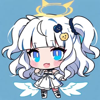 cute, kawaii, chibi, 1girl, (angel), ((white hair)), long curly hair, (two side up), blue eyes,  (curly hair:1.2), (wavy hair), (hair curls), (bangs), (two side up), two blue hair ties on head, (Double golden halo on her head), choker, ((angel wings)), ahoge, fang, White dress with blue lace trim, anime style, cute pose,chibi,simple background, flat color