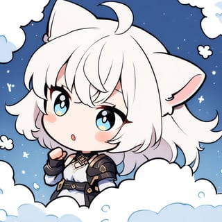 (chibi style), {{{masterpiece}}}, {{{best quality}}}, {{ultra-detailed}}, {beautiful detailed eyes},1girl, solo,  ((white hair)), very long hair, blue eyes, (straight hair), (bangs), animal ears, (stoat ears:1.2), Choker, ahoge, fangs, (big stoat Tail:1.2), (X hairpin), (White sleeveless collared dress, blue chest bow), (black hooded oversized jacket:1.2), (Off the shoulders), O_O, ((punching viewer)), upper body,chibi emote style,chibi,emote,cute comic