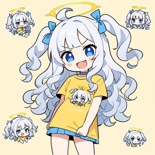 chibi, sd, masterpiece, made by a master, 4k, perfect anatomy, perfect details, best quality, high quality, lots of detail.
1girl, ((angel)), (white hair), long curly hair, (two side up), blue eyes,  (curly hair:1.2), (wavy hair), (hair curls), (bangs), (two side up), two ((blue)) hair ties on head, (Double golden halo on her head), choker, ((angel wings)), ahoge, t-shirt, short skirt, single, looking at camera, smiling, fang, happy, slightly angry, chibi, Emote Chibi. simple background, Line,cute comic,simple background, flat color,chibi,Cute girl,dal,Emote Chibi,chibi style,Chibi Style