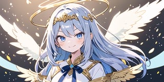 1girl, angel, with sliver long curly hair, blue eyes, two blue ribbons on her hair, (Double golden halo on her head), angel wings, perfecteyes, mage clothing, evil smirk,perfect light,portrait