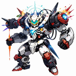 Masterpiece, 4K, ultra detailed, ((solo)), chibi style, anime style, skeleton Mecha, (MASK), (metal), dark color mecha, (fight pose), (punch), (Surrounded by electric current aura), (full body), solid background, detail, ,close viewer,ROBOT,aesthetic