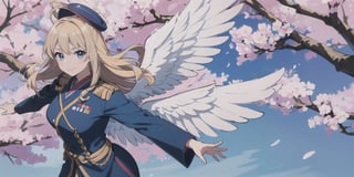  figure, (1girl), (solo), (angel_wings), ((white long curly hair)), blue eyes, two blue ribbons on her hair, (Double golden halo on her head), middle_breast, , cute smile, Japanese military uniform, Japanese military hat, fighting pose, background is cherry blossoms, masterpiece, better_hands, masterpiece, best quality,sticker design