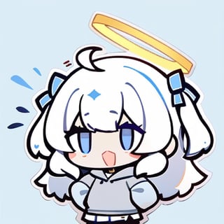  chibi, masterpiece, best quality,1girl, angel, (white hair), long curly hair, (two side up),blue eyes, (two blue ribbons on her hair), ((Double golden halo on her head)), choker, ((angel wings)), ahoge,surprised expression, open mouth,Wearing grey Hooded T-shirt, long sleeves,pleated skirt,masterpiece,simple background