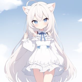 {{{masterpiece}}}, {{{best quality}}}, {{ultra-detailed}}, {beautiful detailed eyes},1girl, solo,  ((white hair)), very long hair, blue eyes, (straight hair), (bangs), animal ears, (stoat ears:1.2), Choker, ahoge, fangs, (big stoat Tail:1.2), (X hairpin), (White sleeveless collared dress, blue chest bow), (black hooded oversized jacket:1.2), (Off the shoulders), (glasses), (smug smile), (with one's arms folded), upper body,chibi emote style,chibi,emote,aesthetic