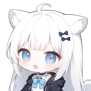 (chibi style),1girl, solo,  ((white hair)), very long hair, blue eyes, (straight hair), (bangs), animal ears, (stoat ears:1.2), Choker, ahoge, fangs, (big stoat Tail:1.2), (1 rabbit hairpin),
(White sleeveless collared dress, blue chest bow), (black hooded oversized jacket:1.2), (Off the shoulders), looking at viewer, simple background, shirt,, white background, upper body, anime ,Anime ,girl ,Emote Chibi
