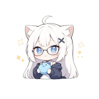 (chibi style), {{{masterpiece}}}, {{{best quality}}}, {{ultra-detailed}}, {beautiful detailed eyes},1girl, solo,  ((white hair)), very long hair, blue eyes, (straight hair), (bangs), animal ears, (stoat ears:1.2), Choker, ahoge, fangs, (big stoat Tail:1.2), (X hairpin), (White sleeveless collared dress, blue chest bow), (black hooded oversized jacket:1.2), (Off the shoulders), (glasses), (smug smile), ((with arms folded)), upper body,chibi emote style,chibi,emote,aesthetic, ,comic book,cute comic