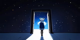 (masterpiece), full body:1.1, 1girl, (angel), white hair, long curly hair, two side up,blue eyes, two blue ribbons on her hair, (Double golden halo on her head), choker, ((angel wings)), solo, negative space, (starry sky background, standing), cinematic angle, side angle, from above:1, a girl in a school uniform, cute, black pleated skirt, blue blazer, blue bow in hair, ahoge, simple, facing viewer, manga illustration style, Trying to close the door, closing a door, a white wooden door, A mysterious door, Behind the door is a starry sky, bangs, staring blankly at the camera, surprised expression, open mouth, detailed blue eyes,