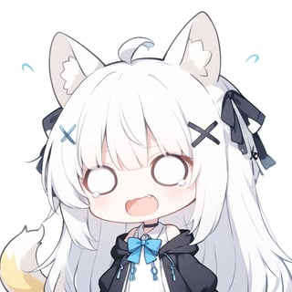 (chibi style),1girl, solo,  ((white hair)), very long hair, blue eyes, (straight hair), (bangs), animal ears, (stoat ears:1.2), Choker, ahoge, fangs, (big stoat Tail:1.2), (X hairpin),
(White sleeveless collared dress, blue chest bow), (black hooded oversized jacket:1.2), (Off the shoulders), ((O_O)), ((two lines of tears:1.2)), simple background, white background, upper body, anime,chibi emote style,chibi,emote