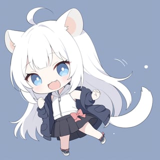 chibi, masterpiece, made by a master, 4k, perfect anatomy, perfect details, best quality, high quality, lots of detail.
(solo),1girl, ((white hair)), very long hair, blue eyes, (straight hair), (bangs), animal ears, (stoat ears:1.2), ahoge, fang, (big stoat Tail:1.2), (White sleeveless top, chest bow), (black hooded jacket, zipper halfway), black skirt, dancing, single, looking at viewer, (happy), (chuckle), (full body) ,Emote Chibi. cute comic,simple background, flat color, Cute girl,Chibi Style,chibi emote style,emote