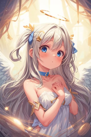 (best quality, masterpiece), 1girl, angel, white hair, long curly hair, (two side up), blue eyes, two blue bows on head, (Double golden halo on her head), choker, angel wings on back, ahoge, particle, upper body, looking at viewer, galaxy