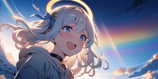 shiny, vibrant colors, female, masterpiece, sharp focus, best quality, depth of field, cinematic lighting, ((solo, one girl)), (illustration, 8k CG, extremely detailed), masterpiece, ultra-detailed, Anime-style illustration depicting a sunny sky scene. A sky after rain. (big rainbow in sky),  fire rainbows,1girl, angel, white hair, long curly hair, two side up,blue eyes, two blue ribbons on her hair, (Double golden halo on her head), choker, (angel wings),  Wearing grey Hooded T-shirt, is looking up at the sky with a surprised expression, cute smile. best smile, The perspective is from below, open mouth, shiny background,