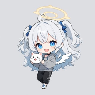 chibi, sd, masterpiece, made by a master, 4k, perfect anatomy, perfect details, best quality, high quality, lots of detail.
(solo),1girl, ((angel)), ((white hair)), long curly hair, (two side up), blue eyes,  (curly hair:1.2), (wavy hair), (hair curls), (bangs), (two side up), two ((blue)) hair ties on head, (Double golden halo on her head), choker, ((angel wings)), ahoge, fang, smile, happy, (Gray long sleeve hooded top), Black long pants, white socks, single, looking at viewer, mouth wide open, (Holding a big white cat head), (full body) ,Emote Chibi. cute comic,simple background, flat color, Cute girl,dal,Chibi Style,lineart,harevv