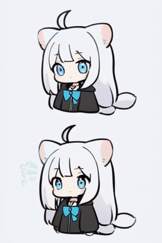 (chibi style),1girl, solo,  ((white hair)), very long hair, blue eyes, (straight hair), (bangs), animal ears, (stoat ears:1.2), Choker, ahoge, fangs, (big stoat Tail:1.2), 
(White sleeveless collared dress, blue chest bow), (black hooded oversized jacket:1.2), (Off the shoulders), looking at viewer, simple background, shirt,, white background, upper body, anime ,Anime ,girl ,cute comic,Line Chibi yellow, 