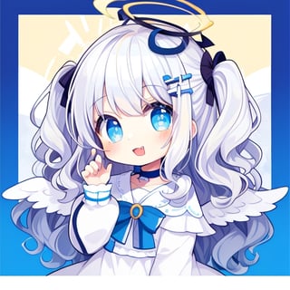 cute, kawaii, chibi, 1girl, angel, ((white hair)), long curly hair, (two side up), blue eyes,  (curly hair:1.2), (wavy hair), (hair curls), (bangs), (two side up), two blue hair ties on head, (Double golden halo on her head), choker, angel wings, ahoge, fang, White dress with blue lace trim, anime style, cute pose,