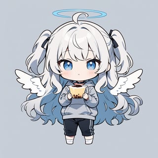 chibi, sd, masterpiece, made by a master, 4k, perfect anatomy, perfect details, best quality, high quality, lots of detail.
(solo),1girl, ((angel)), ((white hair)), long curly hair, (two side up), blue eyes,  (curly hair:1.2), (wavy hair), (hair curls), (bangs), (two side up), two ((blue)) hair ties on head, (Double golden halo on her head), choker, ((angel wings)), ahoge, (((>_<:1.2))), (Gray long sleeve hooded top), Black long pants, white socks, single, looking at viewer, ((holding a pudding:1.2)), (full body) ,Emote Chibi. cute comic,simple background, flat color, Cute girl,dal,Chibi Style,lineart,comic book