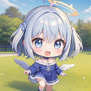 cute, kawaii, chibi, 1girl, angel, ((white hair)), long curly hair, (two side up), blue eyes,  (curly hair:1.2), (wavy hair), (hair curls), (bangs), (two side up), two blue hair ties on head, (Double golden halo on her head), choker, angel wings, ahoge, fang, White dress with blue lace trim, anime style, cute pose,