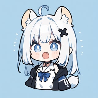 (chibi style), {{{masterpiece}}}, {{{best quality}}}, {{ultra-detailed}}, {beautiful detailed eyes},1girl, solo,  ((white hair)), very long hair, blue eyes, (straight hair), (bangs), animal ears, (stoat ears:1.2), Choker, ahoge, fangs, (big stoat Tail:1.2), (blue X hairpin), (White sleeveless collared dress, (Two-piece dress), (blue chest bow)), (black hooded oversized jacket:1.2), (Off the shoulders), (shock), (shocked expression), upper body,chibi emote style,chibi,emote, cute,Emote Chibi,anime,cute comic,txznf,