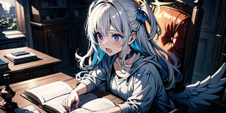 shiny, vibrant colors, female, masterpiece, sharp focus, best quality, depth of field, cinematic lighting, ((solo, one girl)), (illustration, 8k CG, extremely detailed), masterpiece, ultra-detailed,
1girl, angel, white hair, long curly hair, two side up,blue eyes, two blue ribbons on her hair, (Double golden halo on her head), choker, angel wings, Wearing grey Hooded T-shirt, on chair, open book on desk, in a heaven room, the cutest room, look in the camera with a surprised expression, her mouth agape in awe, simple white background,watercolor \(medium\)