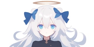 score_9, score_8_up, score_7_up, Minimalstyle, 1girl, angel, white hair, long curly hair, (two side up), blue eyes, two blue bows on head, (Double golden halo on her head), choker, angel wings on back, ahoge ,simple, faceless female, beautiful, extremely detailed, vector, headshot,falling sakura,minimalstyle,
