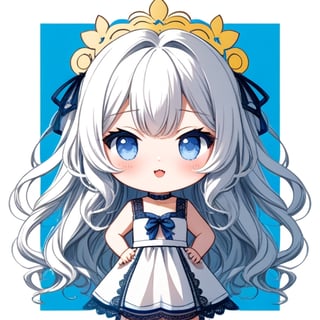 cute, kawaii, chibi, 1girl, angel, ((white hair)), long curly hair, (two side up), blue eyes,  (curly hair:1.2), (wavy hair), (hair curls), (bangs), (two side up), two blue hair ties on head, (Double golden halo on her head), choker, angel wings, ahoge, fang, White dress with blue lace trim, anime style, cute pose,chibi,simple background, flat color