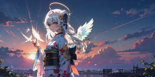  (Best Picture Quality, High Quality, Best Picture Score: 1.3), , Perfect Beauty Score: 1.5, long hair, 1 angel girl, (solo), ((white hair)), (long curly hair), blue eyes, ((two blue ribbons on her hair)), (Double golden halo on her head), (angel wings), (cute outfit), cute smile, (Wearing cute kimono), The background is a Japanese New Year shrine, beautiful, cute, masterpiece, best quality,