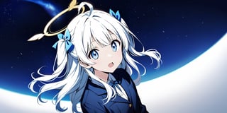 (masterpiece), full body:1.1, 1girl, 20 years old, (angel), white hair, long curly hair, two side up,blue eyes, two blue ribbons on her hair, (Double golden halo on her head), choker, ((angel wings)), solo, negative space, (starry sky background, standing), cinematic angle, side angle, from above:1, a girl in a school uniform, cute, black pleated skirt, blue blazer, blue bow in hair, ahoge, simple, facing viewer, manga illustration style, Trying to close the door, closing a door, a white wooden door, A mysterious door, Behind the door is a starry sky, bangs, staring blankly at the camera, surprised expression, open mouth, detailed blue eyes,Kyoto animation style