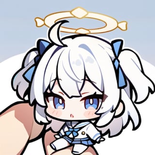  chibi, masterpiece, best quality,1girl, angel, (white hair), long curly hair, (two side up),blue eyes, (two blue ribbons on her hair), ((Double golden halo on her head)), choker, ((angel wings)), ahoge,blue school uniform,sailor collar,long sleeves,pleated skirt,white pantyhose,masterpiece,Emote Chibi