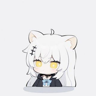 (chibi style), {{{masterpiece}}}, {{{best quality}}}, {{ultra-detailed}}, {beautiful detailed eyes},1girl, solo,  ((white hair)), very long hair, blue eyes, (straight hair), (bangs), animal ears, (stoat ears:1.2), Choker, ahoge, fangs, (big stoat Tail:1.2), (X hairpin), (White sleeveless collared dress, (Two-piece dress), (blue chest bow)), (black hooded oversized jacket:1.2), (Off the shoulders), ((shadow face:1.2)), (angry eyes), (closed mouth), upper body,chibi emote style,chibi,emote, cute,Emote Chibi,Line Chibi yellow,