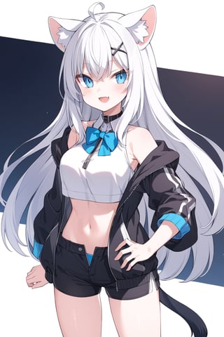 1girl, stoat girl, solo,  ((white hair)), very long hair, blue eyes, (straight hair), (bangs), animal ears, (stoat ears:1.2),
 Choker, ahoge, fangs, (big stoat Tail:1.2), (blue X hairpin), (White collared sleeveless top, (midriff), blue chest bow), 
(black hooded oversized jacket:1.2), ((jacket zipper half unzipped)), (black short pants) (Off the shoulders), hand on hip,anime,cg,