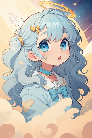 (best quality, masterpiece), 1girl, angel, white hair, long curly hair, (two side up), blue eyes,  (curly hair:1.2), (wavy hair), (hair curls), (bangs), (two side up), two blue hair ties on head, (Double golden halo on her head), bowtie choker, angel wings, ahoge, fang, particle, upper body, looking at viewer, galaxy