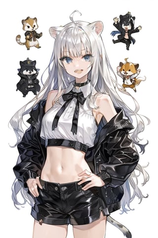 1girl, stoat girl, solo,  ((white hair)), very long hair, blue eyes, (straight hair), (bangs), animal ears, (stoat ears:1.2),
 Choker, ahoge, fangs, (big stoat Tail:1.2), (blue X hairpin), (White collared sleeveless top, (midriff), blue chest bow), 
(black hooded oversized jacket:1.2), (jacket zipper half unzipped), (black short pants) (Off the shoulders), hand on hip,anime,cg,aesthetic